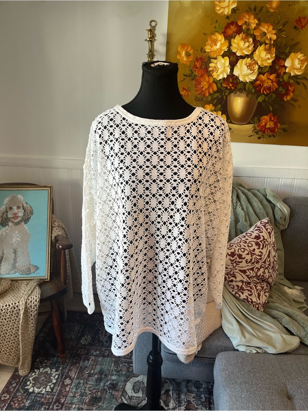Women’s Vintage Avon White Crochet Openwork Knit Top 2X